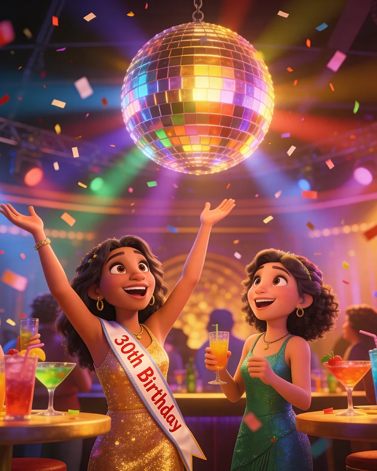 Pixar-style scene of a 30th birthday party