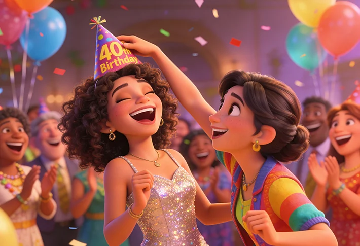 Pixar-style scene of a 40th birthday party