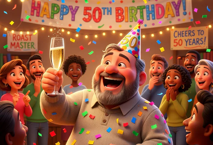 50th birthday party in Pixar 3D illustration style