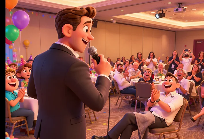 Pixar-style scene of a goodbye-speech moment on stage