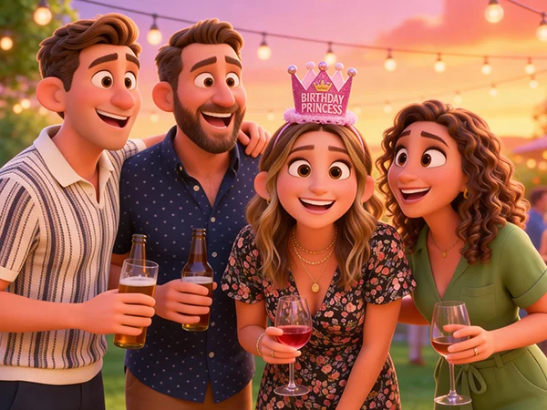 Pixar-style scene of friends roasting each other