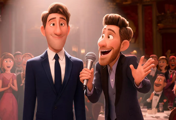 Pixar-style scene of two best friends mid-laugh