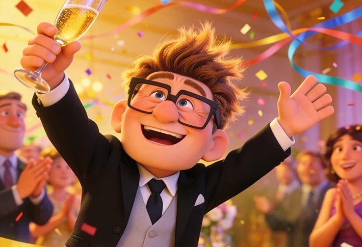 Pixar-style scene of a dad being roasted at a family event