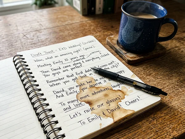 Pixar-style desk scene with notebook and roast notes