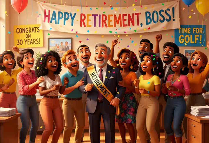 Retirement party in Pixar 3D illustration style