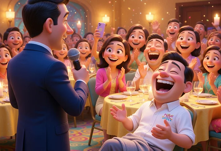 Pixar-style scene of a coworker roast in an office break room