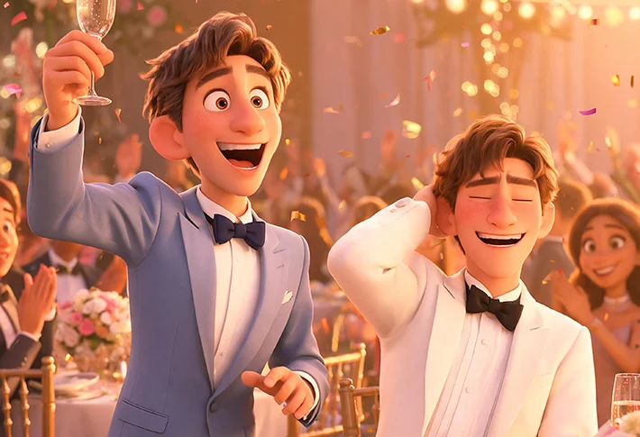 Pixar-style wedding scene with a maid of honor at the mic